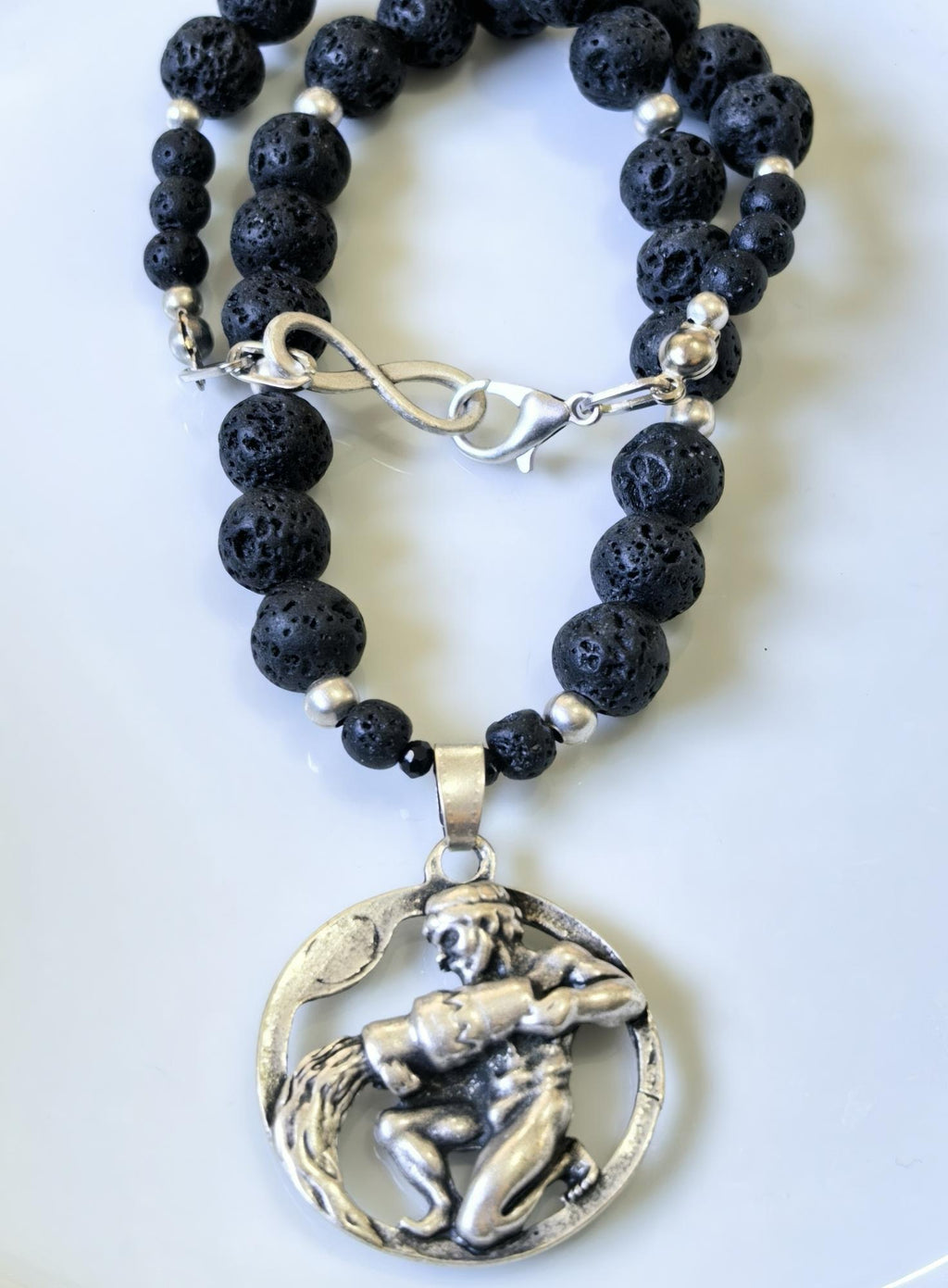 Aquarius Zodiac • Black Lava Stone • Silver‑Plated Necklace • THINBLACK® Zodiac Series