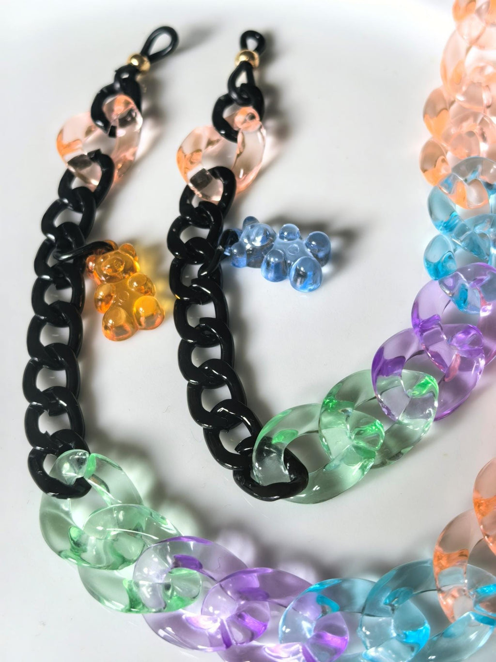 Candy Series Eyeglass Chain – Peach Acrylic & Black Aluminum with Bear Charm, THINBLACK®