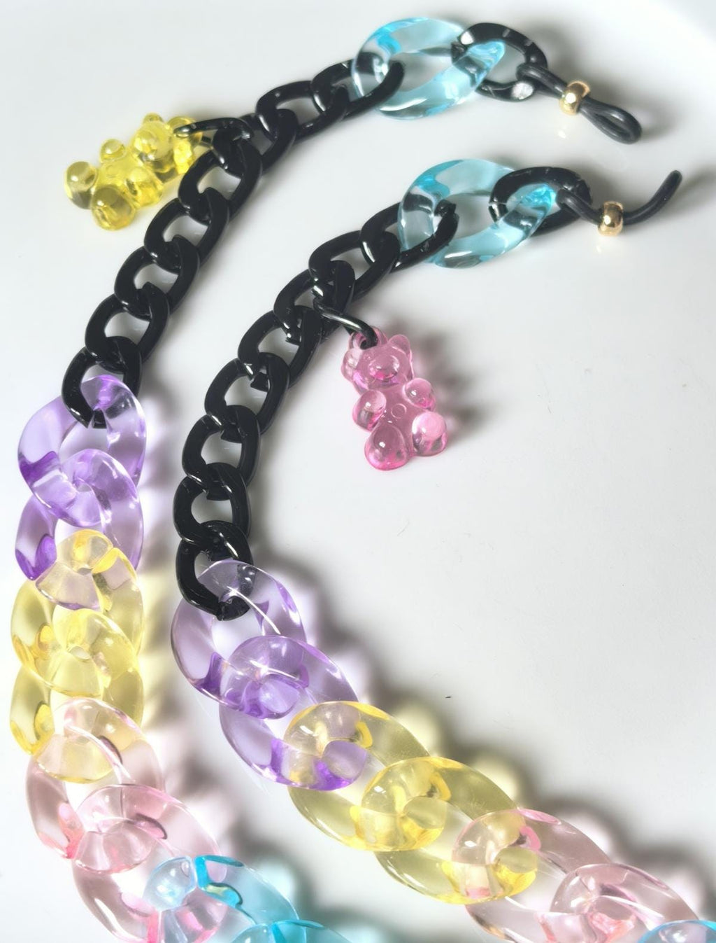 Candy Series Eyeglass Chain – Transparent Blue Acrylic & Black Aluminum with Bear Charm, THINBLACK®