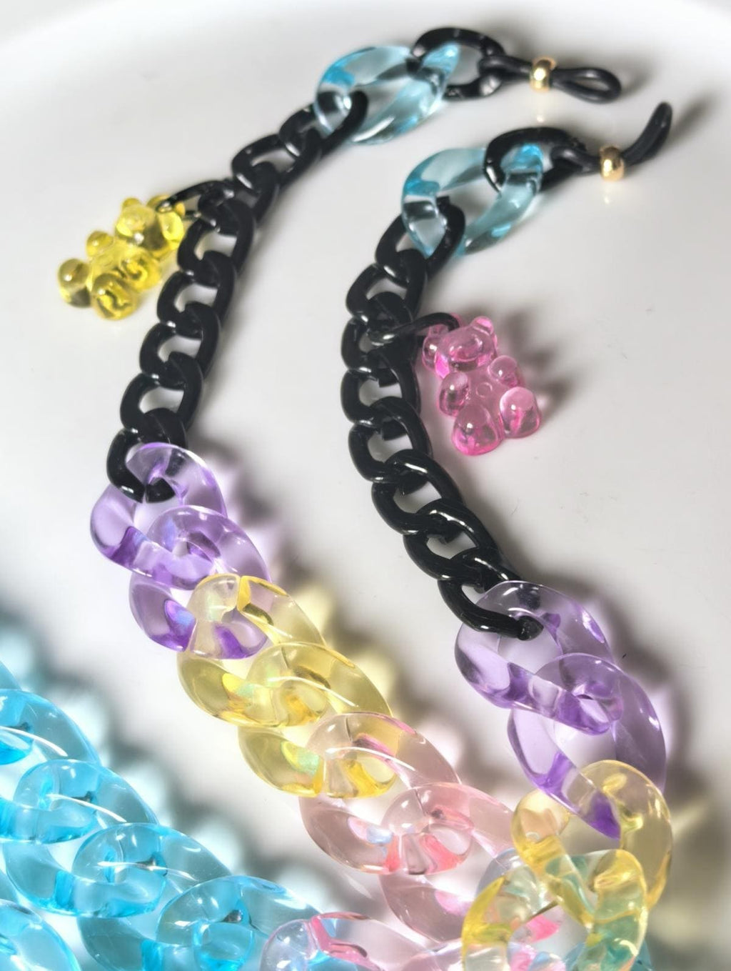 Candy Series Eyeglass Chain – Transparent Blue Acrylic & Black Aluminum with Bear Charm, THINBLACK®