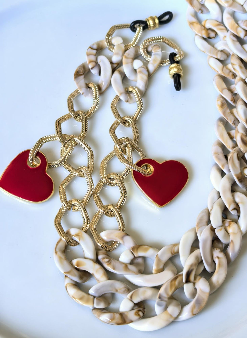 Gold & Marble Acrylic Eyeglass Chain with Red Heart Charms – Oversized Sunglasses Holder, THINBLACK®