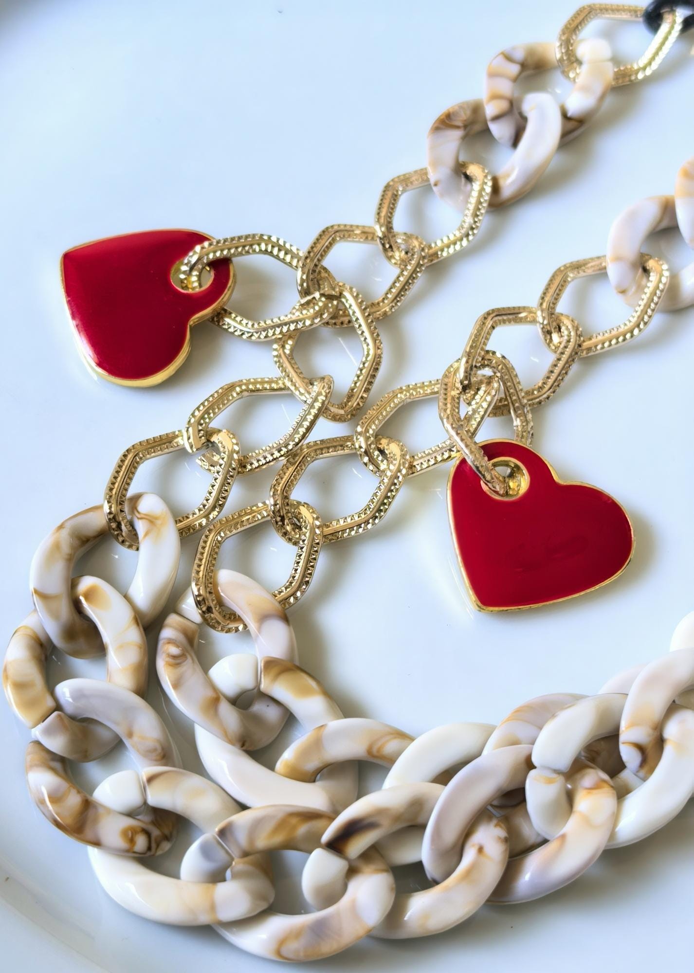 Gold & Marble Acrylic Eyeglass Chain with Red Heart Charms – Oversized Sunglasses Holder, THINBLACK®