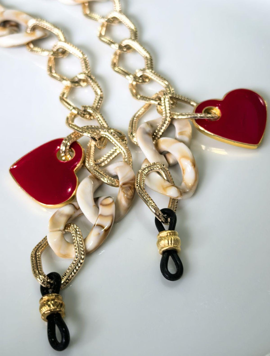 Gold & Marble Acrylic Eyeglass Chain with Red Heart Charms – Oversized Sunglasses Holder, THINBLACK®