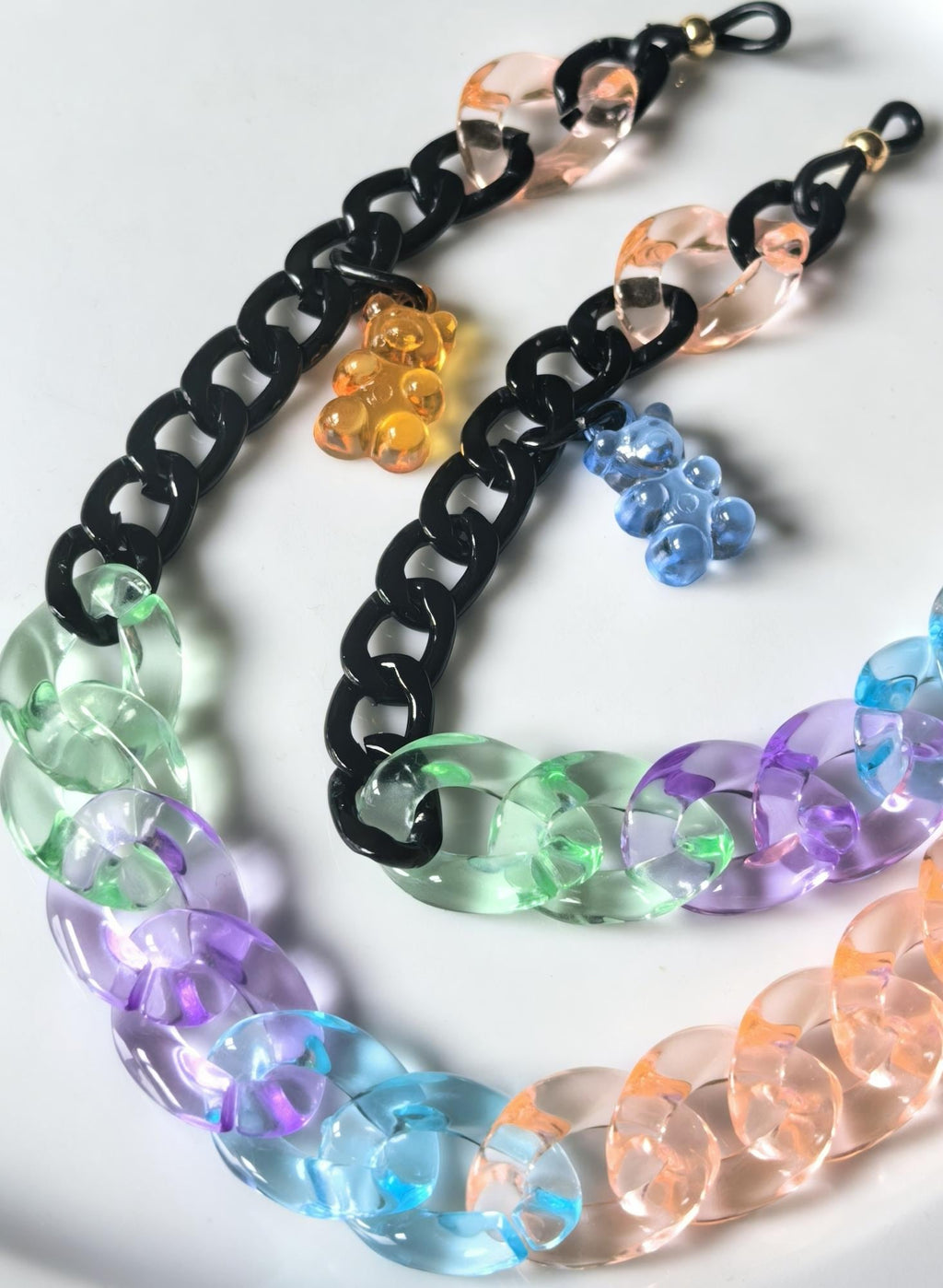 Candy Series Eyeglass Chain – Peach Acrylic & Black Aluminum with Bear Charm, THINBLACK®