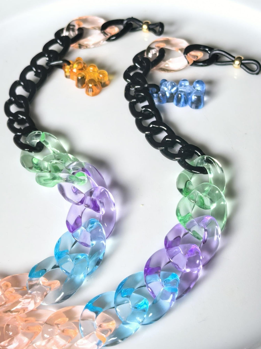 Candy Series Eyeglass Chain – Peach Acrylic & Black Aluminum with Bear Charm, THINBLACK®