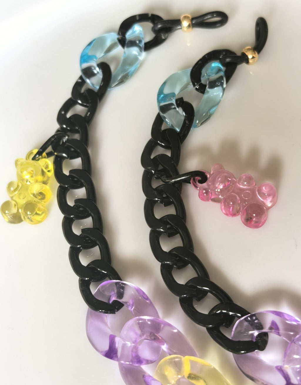 Candy Series Eyeglass Chain – Transparent Blue Acrylic & Black Aluminum with Bear Charm, THINBLACK®