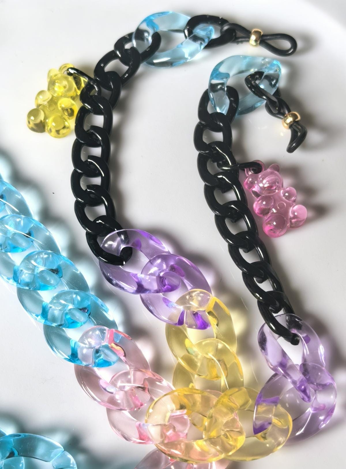 Candy Series Eyeglass Chain – Transparent Blue Acrylic & Black Aluminum with Bear Charm, THINBLACK®