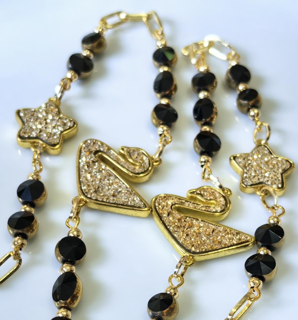 Eyeglass Chain – Golden Swan Pendant with Black Crystal Beads | THINBLACK® Design