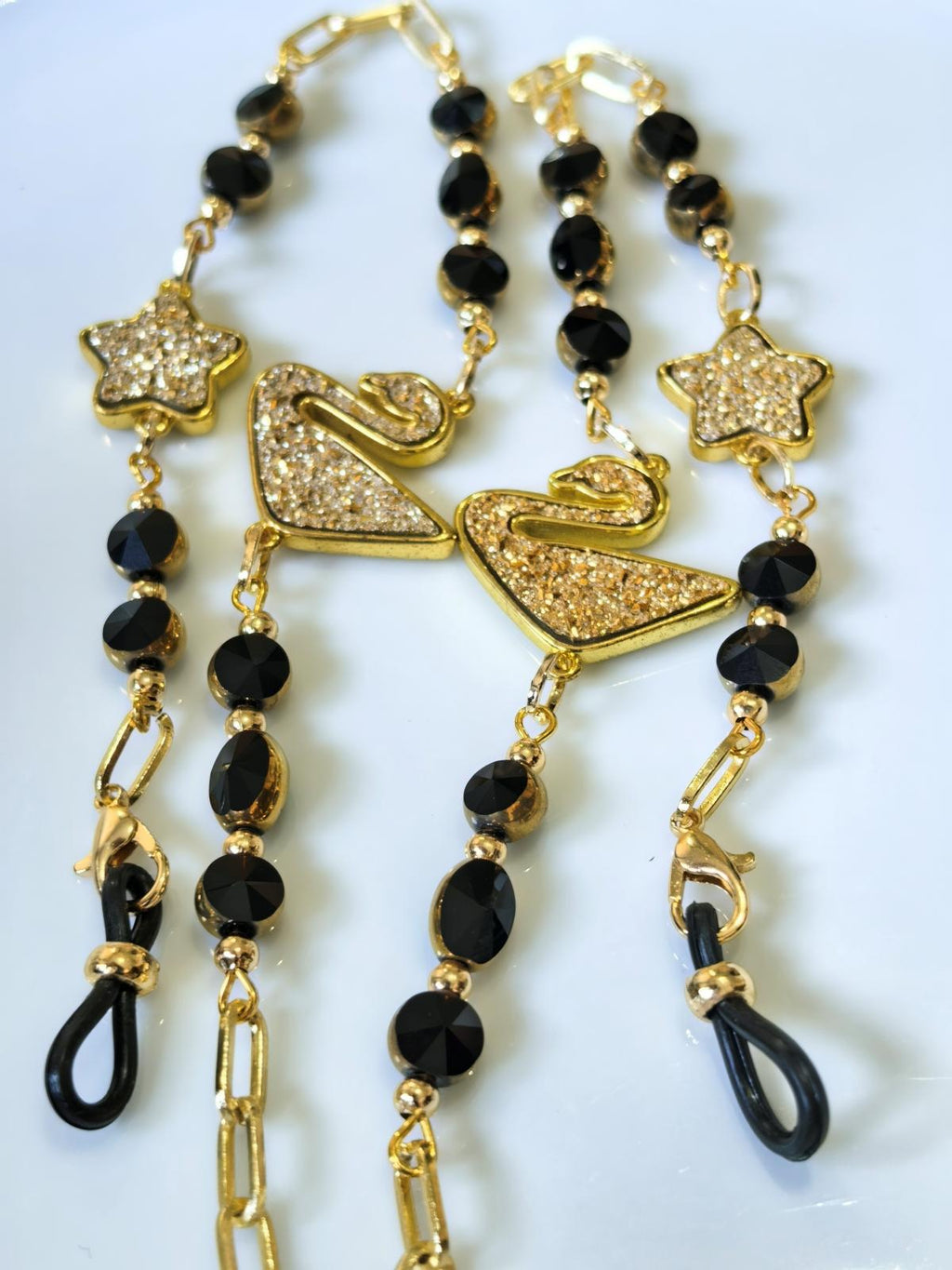 Eyeglass Chain – Golden Swan Pendant with Black Crystal Beads | THINBLACK® Design