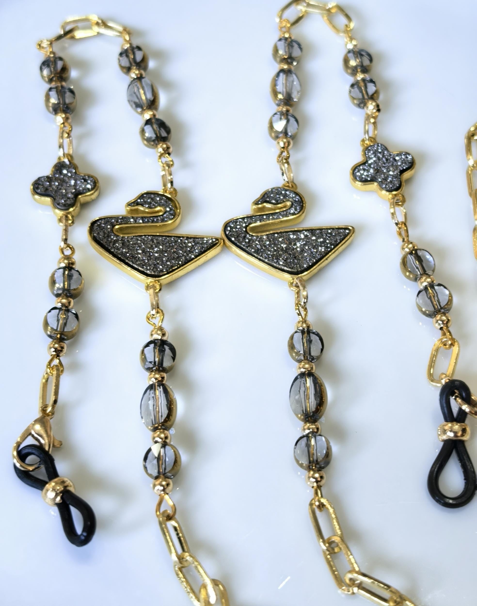 Eyeglass Chain – Black Swan Pendant with Crystal Beads | THINBLACK® Design
