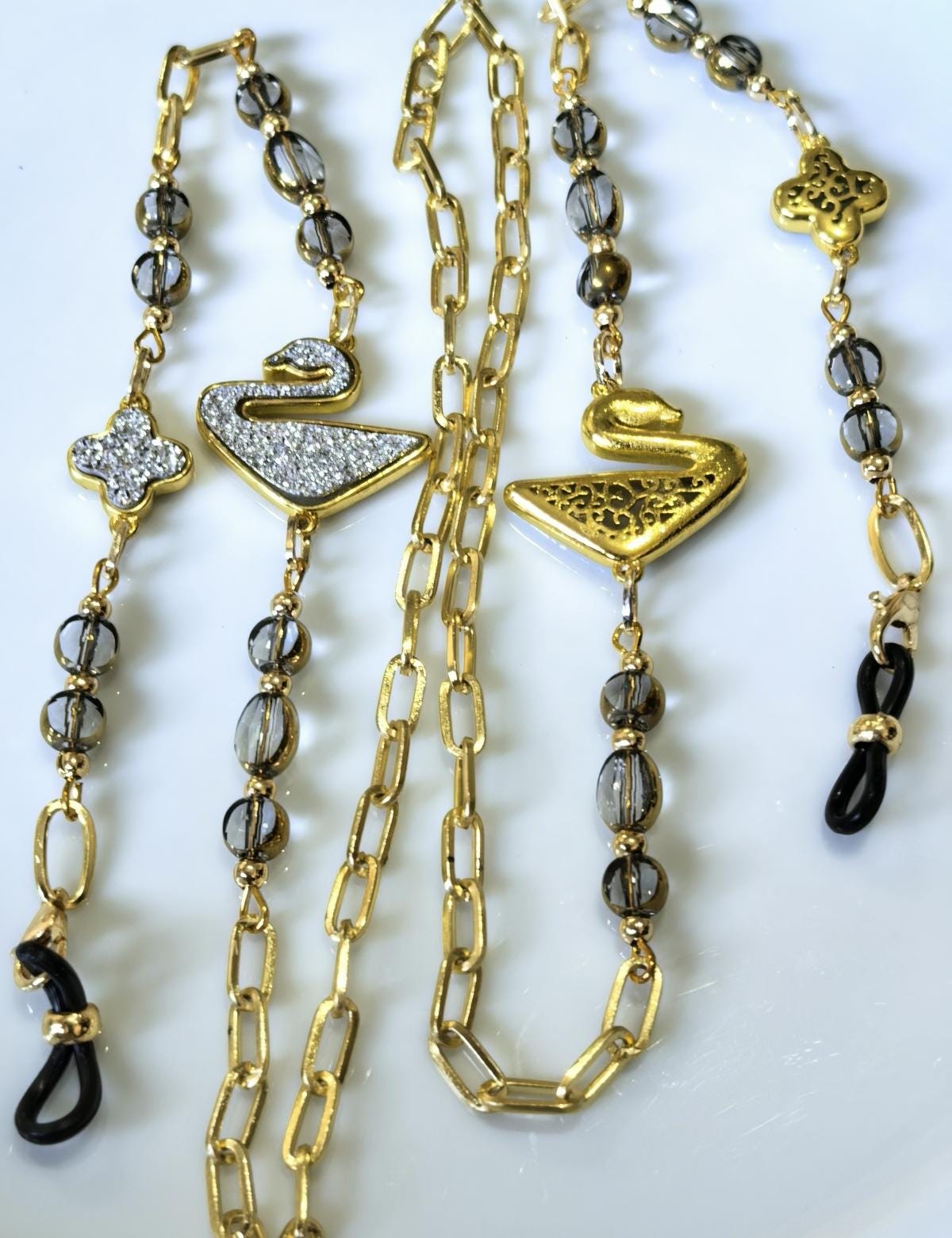 Eyeglass Chain – White Swan Pendant with Crystal Beads | THINBLACK® Design