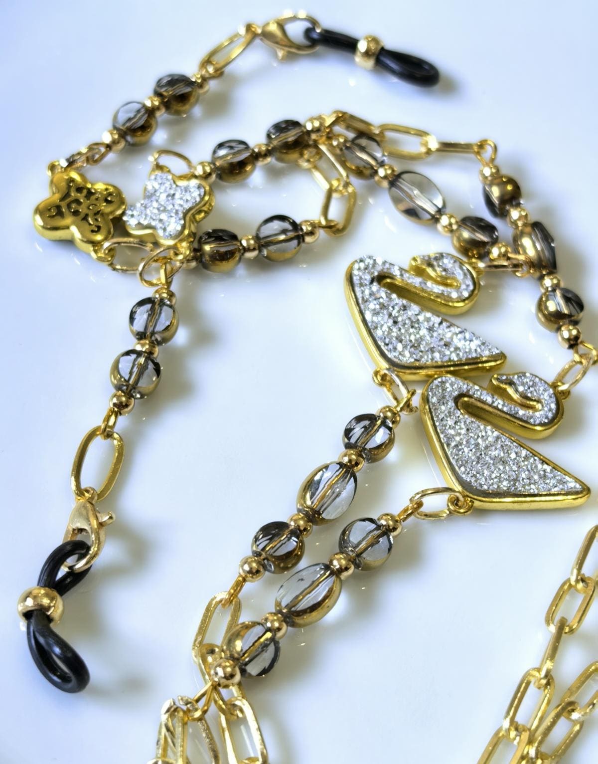 Eyeglass Chain – White Swan Pendant with Crystal Beads | THINBLACK® Design