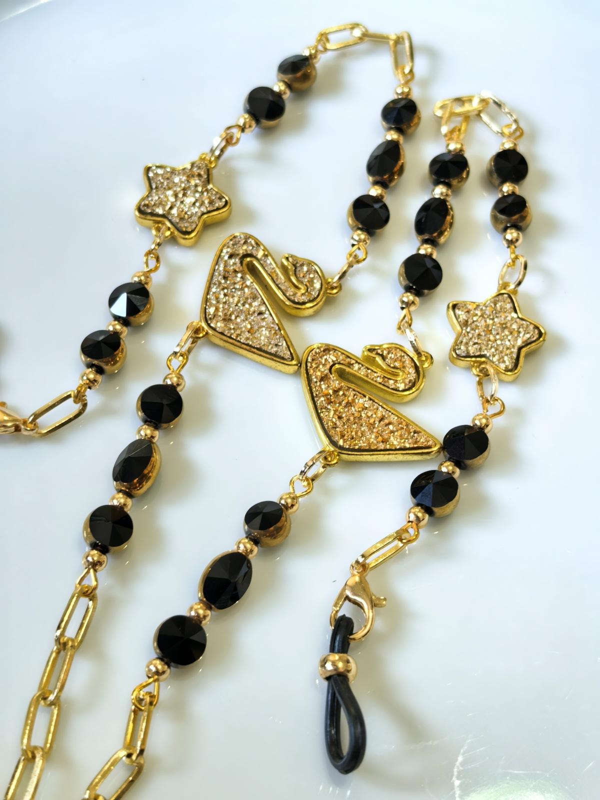 Eyeglass Chain – Golden Swan Pendant with Black Crystal Beads | THINBLACK® Design
