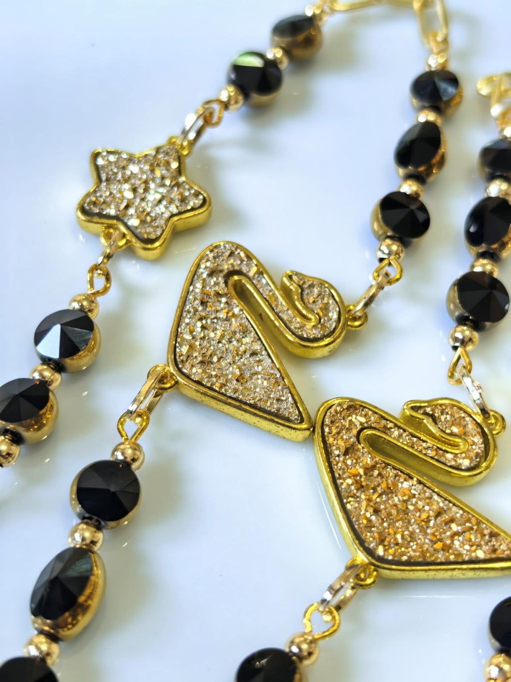 Eyeglass Chain – Golden Swan Pendant with Black Crystal Beads | THINBLACK® Design