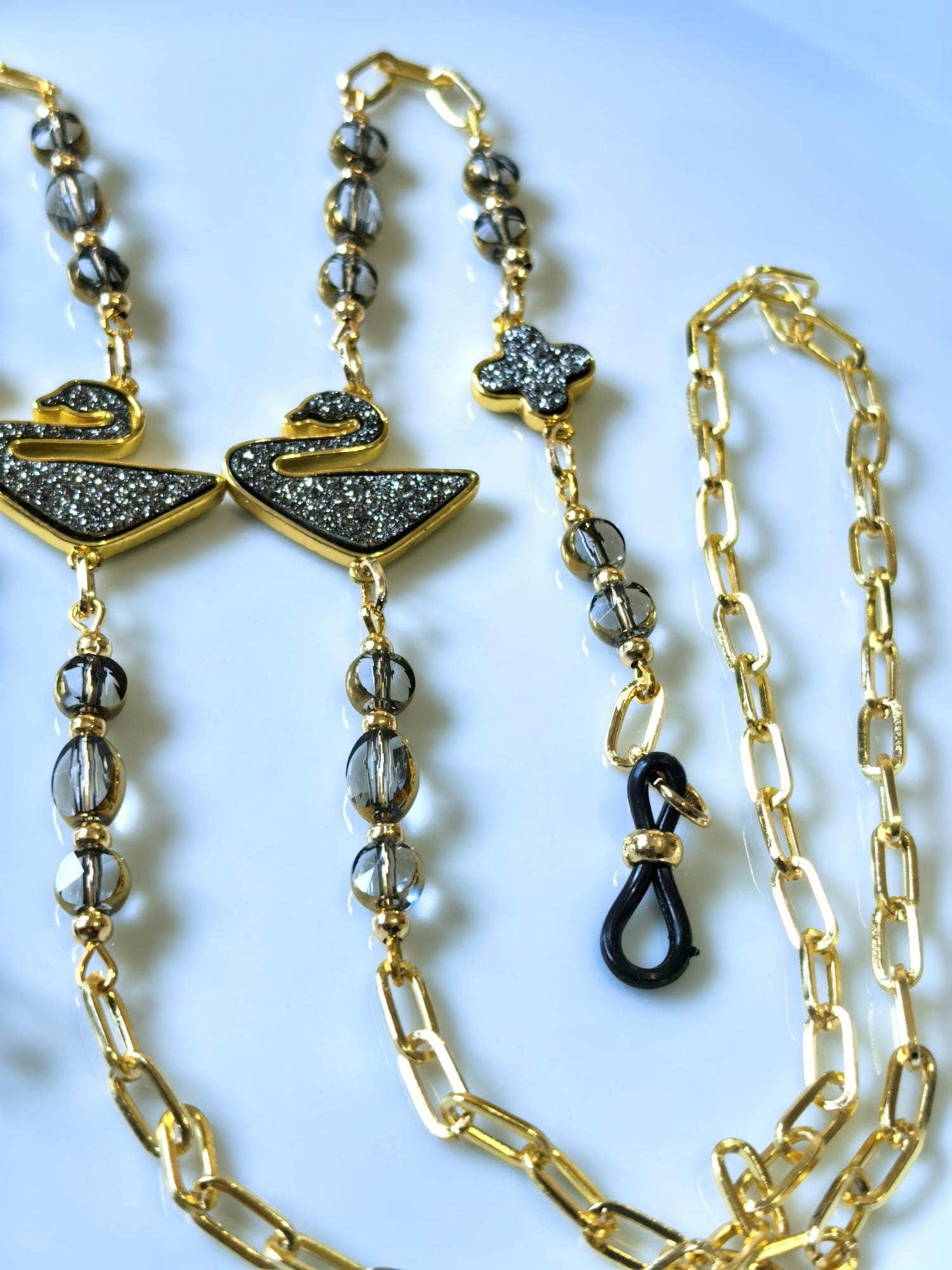 Eyeglass Chain – Black Swan Pendant with Crystal Beads | THINBLACK® Design