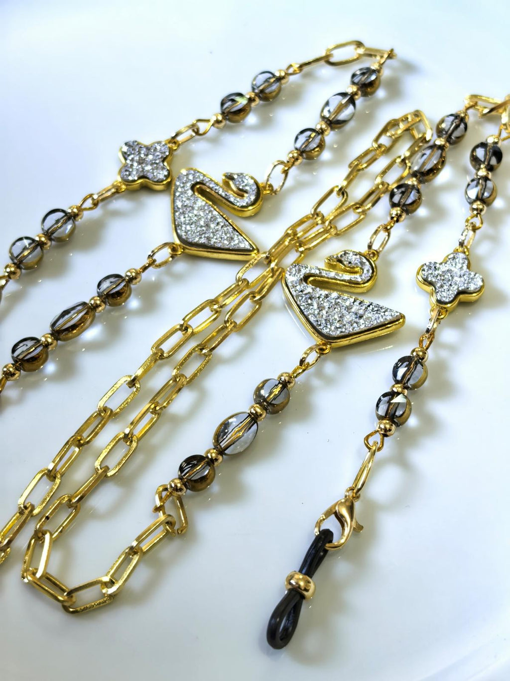 Eyeglass Chain – White Swan Pendant with Crystal Beads | THINBLACK® Design