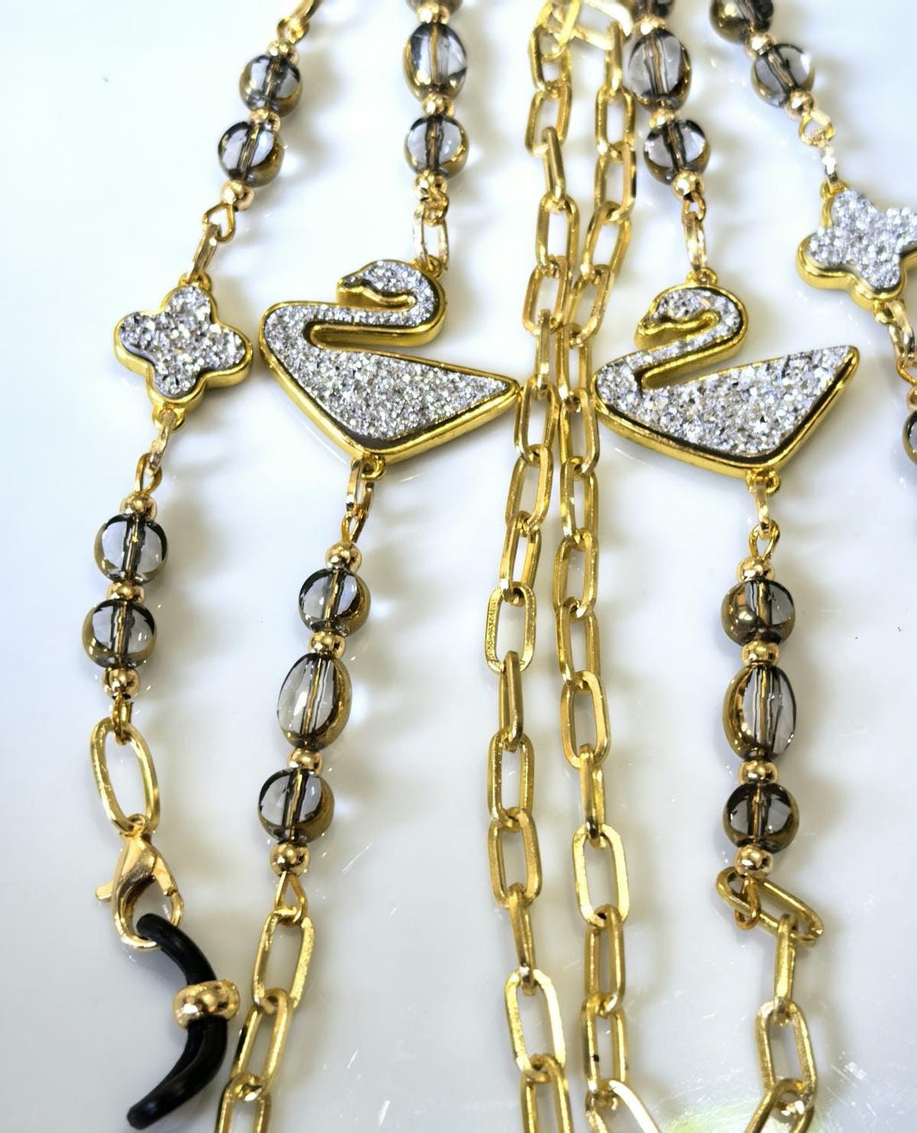 Eyeglass Chain – White Swan Pendant with Crystal Beads | THINBLACK® Design