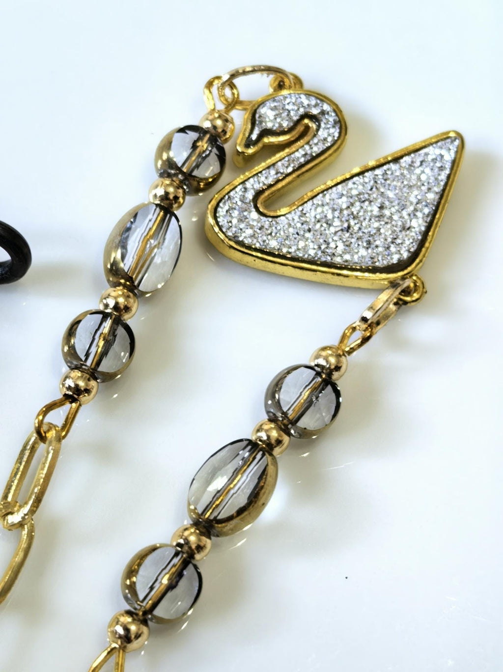 Eyeglass Chain – White Swan Pendant with Crystal Beads | THINBLACK® Design
